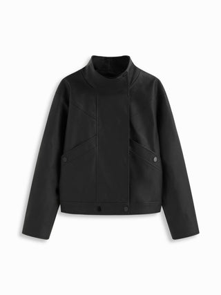 Faux Leather Collar Zip Through Oversized Jacket