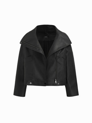 Faux Leather Collar Zip Through Oversized Jacket