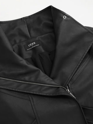 Faux Leather Collar Zip Through Oversized Jacket