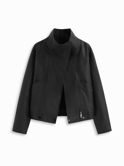 Faux Leather Collar Zip Through Oversized Jacket