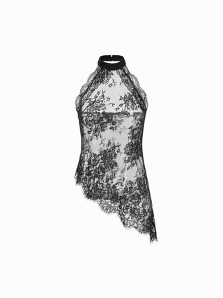 Lace Floral Halter Neckline See-Through Asymmetrical Hem Blouse
