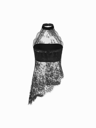 Lace Floral Halter Neckline See-Through Asymmetrical Hem Blouse