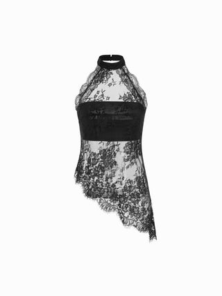 Lace Floral Halter Neckline See-Through Asymmetrical Hem Blouse