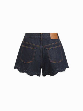 Denim Low Rise Embroidery Floral Scallop Hem Micro Shorts