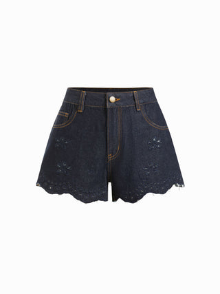 Denim Low Rise Embroidery Floral Scallop Hem Micro Shorts