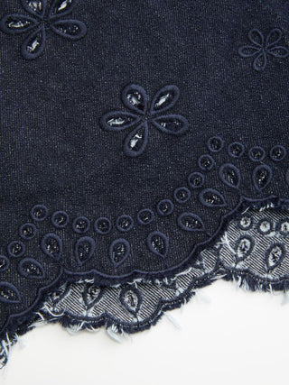 Denim Low Rise Embroidery Floral Scallop Hem Micro Shorts