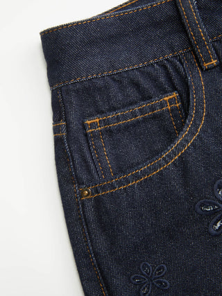 Denim Low Rise Embroidery Floral Scallop Hem Micro Shorts