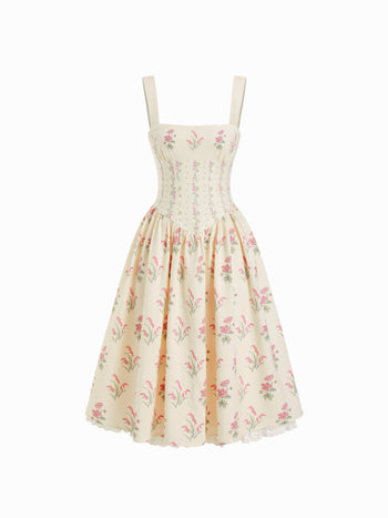 Square Neck Floral Corset Midi Dress