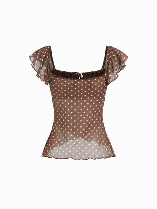 Chiffon Floral Square Neck Twist Knotted Ruffle Sleeve Crop Top
