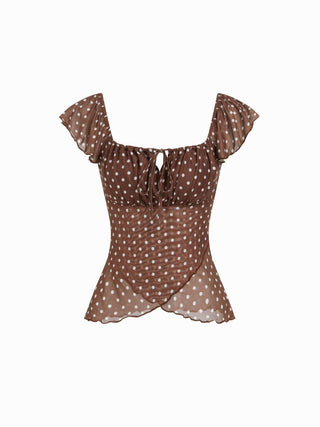 Chiffon Floral Square Neck Twist Knotted Ruffle Sleeve Crop Top