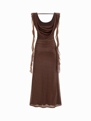 Cowl Neck Solid Ruffle Hem Ruched Maxi Dress