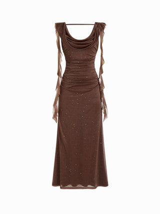Cowl Neck Solid Ruffle Hem Ruched Maxi Dress
