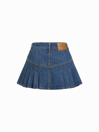 Denim Mid Rise Washed Pleated Metal Detail Micro Mini Skort