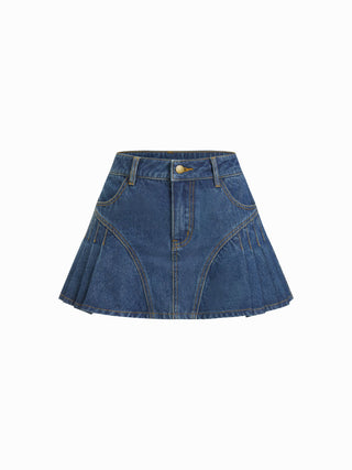 Denim Mid Rise Washed Pleated Metal Detail Micro Mini Skort