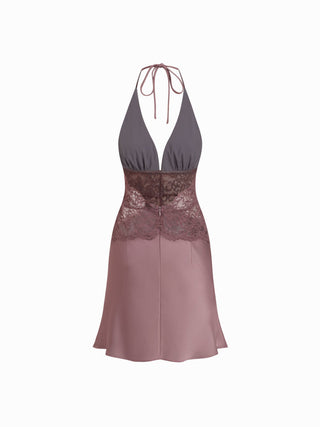 Satin Halter Neckline Lace Panel High Rise Slip Mini Dress