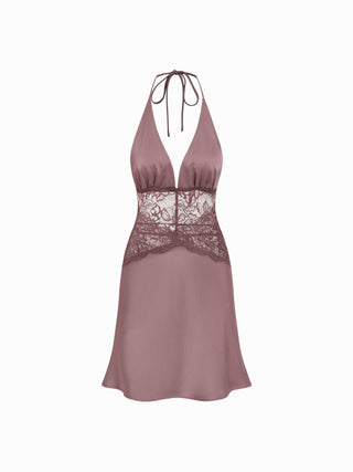 Satin Halter Neckline Lace Panel High Rise Slip Mini Dress