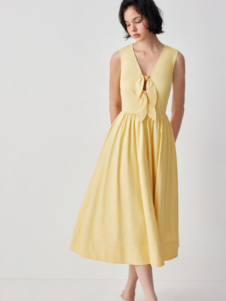 Cotton-blend V-neck Twist Knotted A-line Maxi Dress