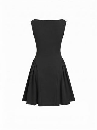 Boat Neck Pleated A-line Mini Dress