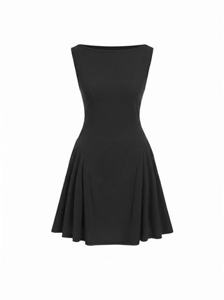 Boat Neck Pleated A-line Mini Dress