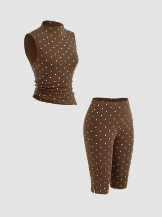 Cotton-blend High Neck Polka Dot Asymmetrical Hem Top & Mid Rise Capri Pants Set
