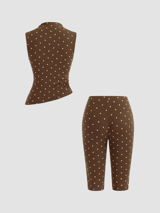Cotton-blend High Neck Polka Dot Asymmetrical Hem Top & Mid Rise Capri Pants Set