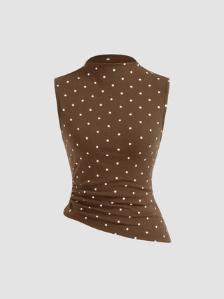 Cotton-blend High Neck Polka Dot Asymmetrical Hem Top & Mid Rise Capri Pants Set