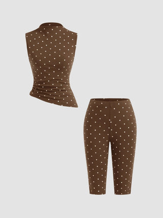 Cotton-blend High Neck Polka Dot Asymmetrical Hem Top & Mid Rise Capri Pants Set
