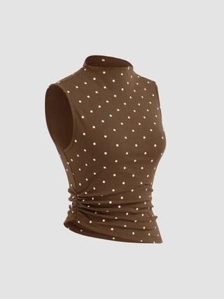 Cotton-blend High Neck Polka Dot Asymmetrical Hem Top & Mid Rise Capri Pants Set