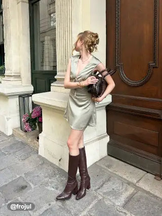 Satin V-neck Ruched Knotted Tie Back Mini Dress