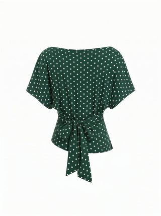 Polka Dot Boat Neck Batwing Sleeve Ruched Asymmetrical Tee