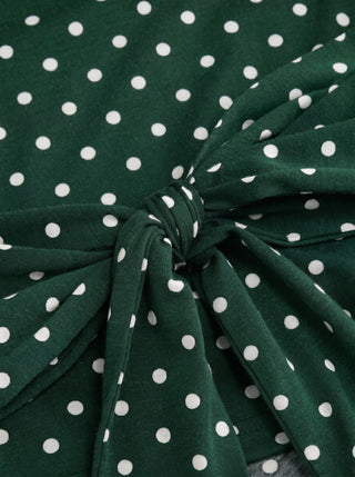 Polka Dot Boat Neck Batwing Sleeve Ruched Asymmetrical Tee