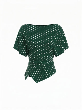 Polka Dot Boat Neck Batwing Sleeve Ruched Asymmetrical Tee