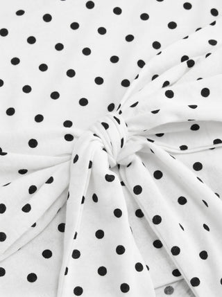 Polka Dot Boat Neck Batwing Sleeve Ruched Asymmetrical Tee