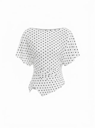 Polka Dot Boat Neck Batwing Sleeve Ruched Asymmetrical Tee