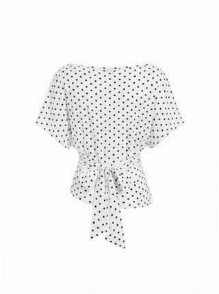 Polka Dot Boat Neck Batwing Sleeve Ruched Asymmetrical Tee