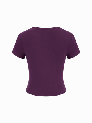Round Neckline Solid Button Short Sleeve Top