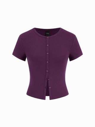 Round Neckline Solid Button Short Sleeve Top