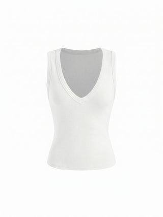 Cotton-blend Ribbed V-neck High Stretch Tank Top
