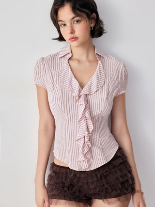 Cotton-blend Striped Ruffled Short Sleeve Blouse