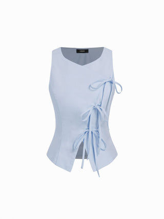Linen-blend Sweetheart Asymmetrical Bowknot Blazer Vest