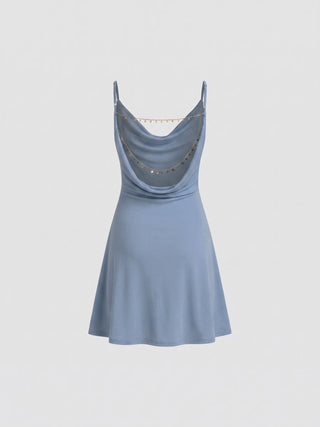 Cowl Neck Backless Chain Ruched Detail Cami Mini Dress