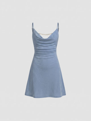 Cowl Neck Backless Chain Ruched Detail Cami Mini Dress