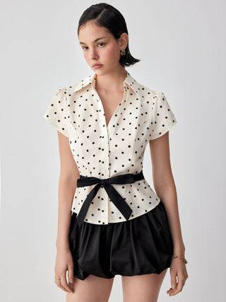 Cotton Polka Dot Puff Sleeve Bowknot Blouse with Belt