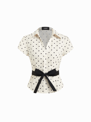 Cotton Polka Dot Puff Sleeve Bowknot Blouse with Belt