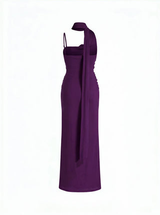 Mesh Halter Neckline Ruched Maxi Dress With Scarf