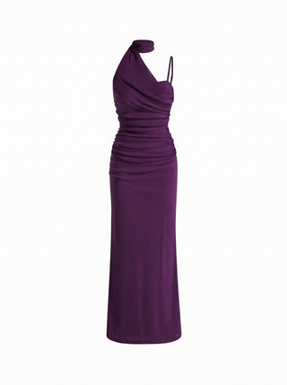 Mesh Halter Neckline Ruched Maxi Dress With Scarf