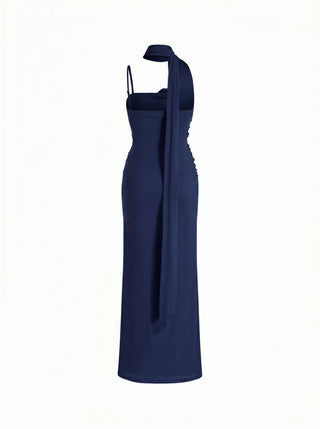 Mesh Halter Neckline Ruched Maxi Dress With Scarf