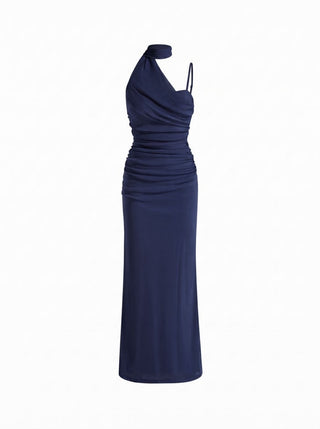 Mesh Halter Neckline Ruched Maxi Dress With Scarf