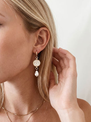 CLOCK & FAUX PEARL DROP EARRINGS