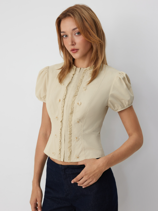 Cotton Puff Sleeve Lace Panel Blouse